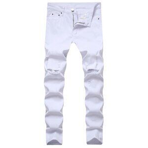 LONGBIDA Men's Slim Fit Ripped Stretch Skinny Jeans White Distressed Tapered 34